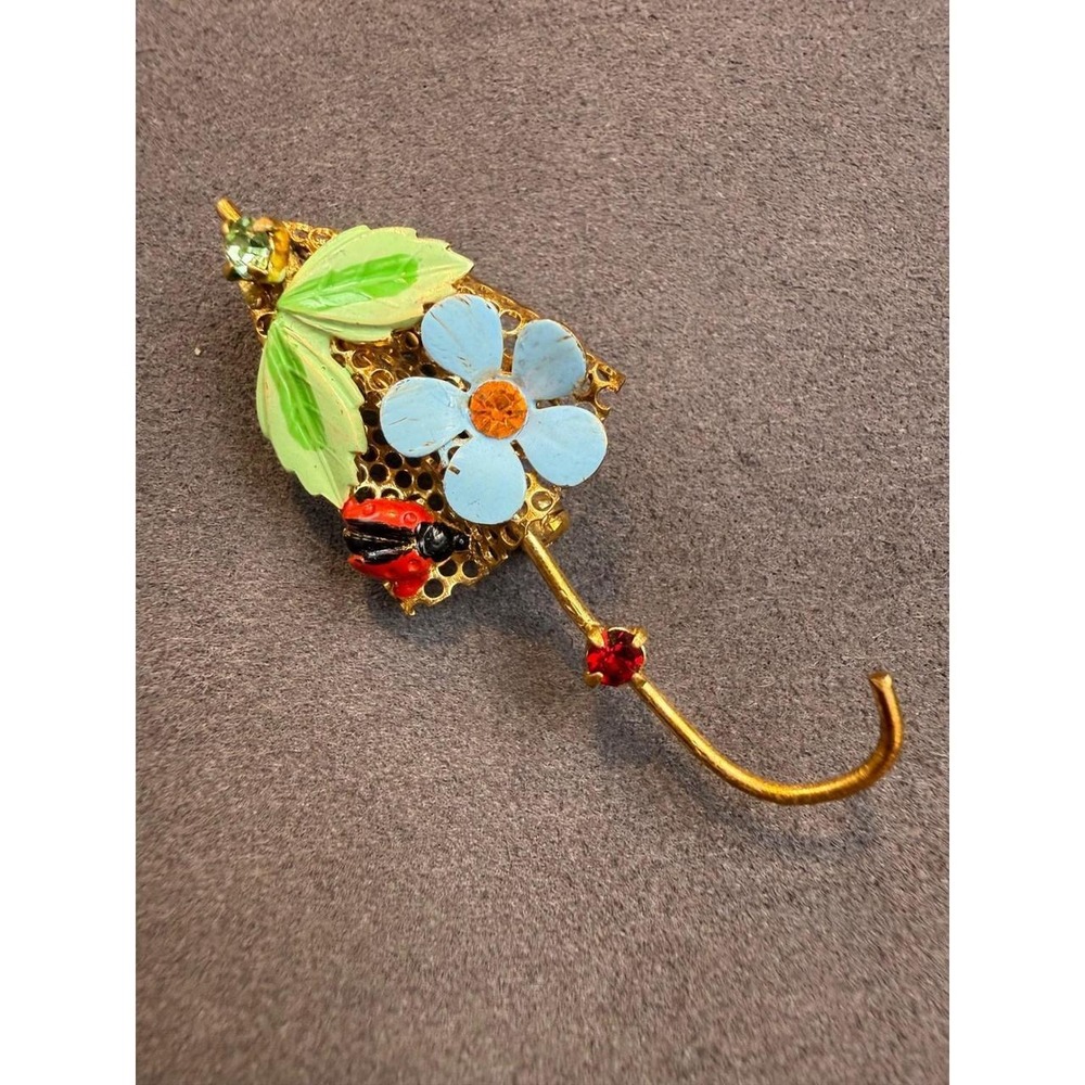 Gold Tone Brooch‎ Rhinestone Enamel Umbrella Ladybug Flower Whimsical Filigree